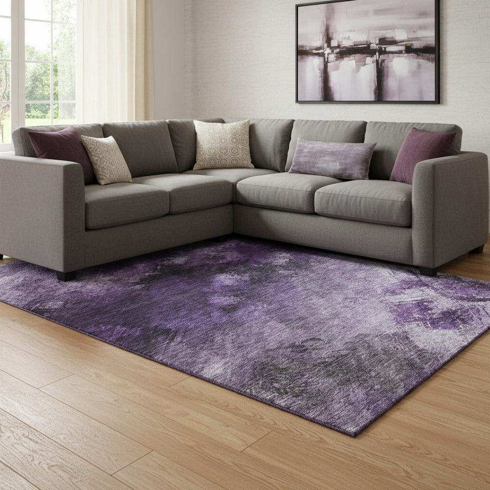 HomeRoots 10' X 14' Modern Purple Gray Ivory Abstract Washable Area Rug with UV Protection & Durability 650524