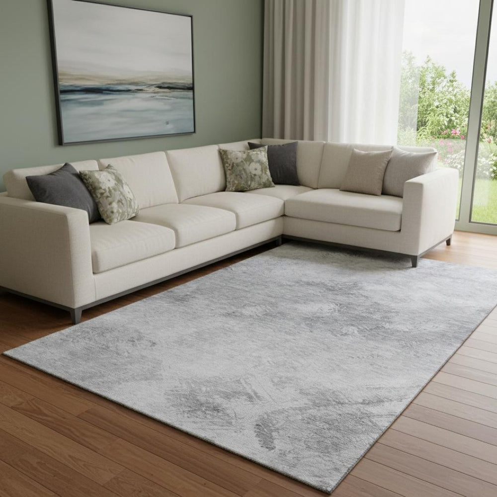 HomeRoots 9' X 12' Silver and Gray Abstract Washable Area Rug - Stylish, Durable, UV-Protected for Family Rooms 650529