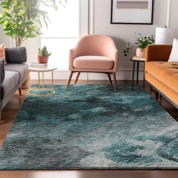 HomeRoots 5' X 8' Contemporary Teal Ivory Gray Abstract Washable Area Rug with UV Protection & Durability 650532