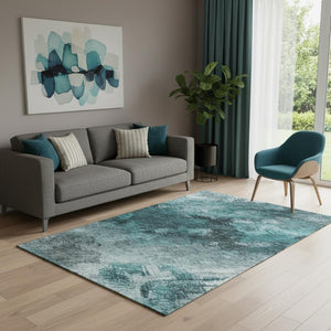 HomeRoots 5' X 8' Contemporary Teal Ivory Gray Abstract Washable Area Rug with UV Protection & Durability 650532