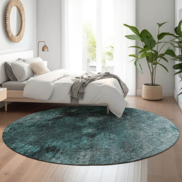 HomeRoots 8' Teal Ivory and Gray Abstract Washable Round Rug – Stylish UV-Resistant Design for Busy Homes 650533