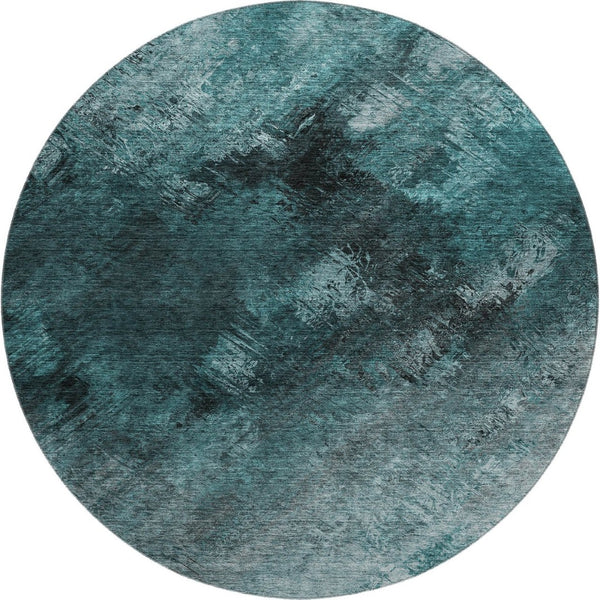 HomeRoots 8' Teal Ivory and Gray Abstract Washable Round Rug – Stylish UV-Resistant Design for Busy Homes 650533
