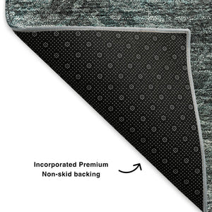 HomeRoots 8' Teal Ivory and Gray Abstract Washable Round Rug – Stylish UV-Resistant Design for Busy Homes 650533