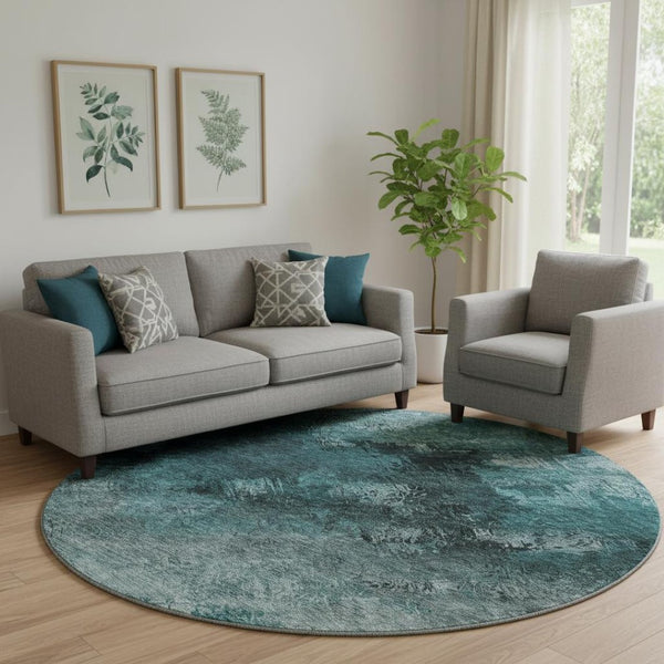 HomeRoots 8' Teal Ivory and Gray Abstract Washable Round Rug – Stylish UV-Resistant Design for Busy Homes 650533