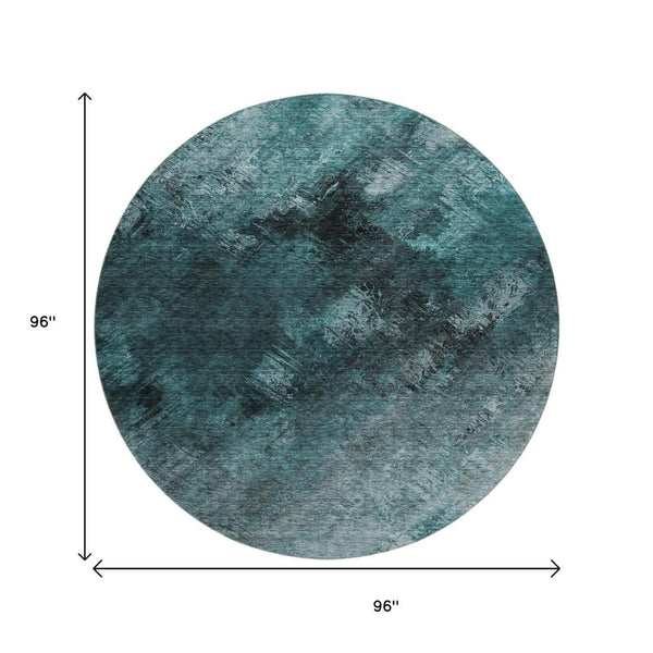 HomeRoots 8' Teal Ivory and Gray Abstract Washable Round Rug – Stylish UV-Resistant Design for Busy Homes 650533