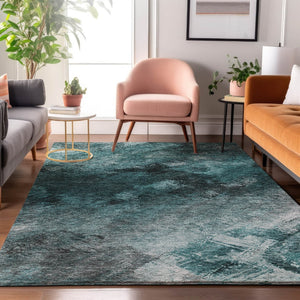 HomeRoots 8' X 10' Teal Ivory Gray Abstract Washable Area Rug - Stylish UV Protected for High-Traffic Homes 650534