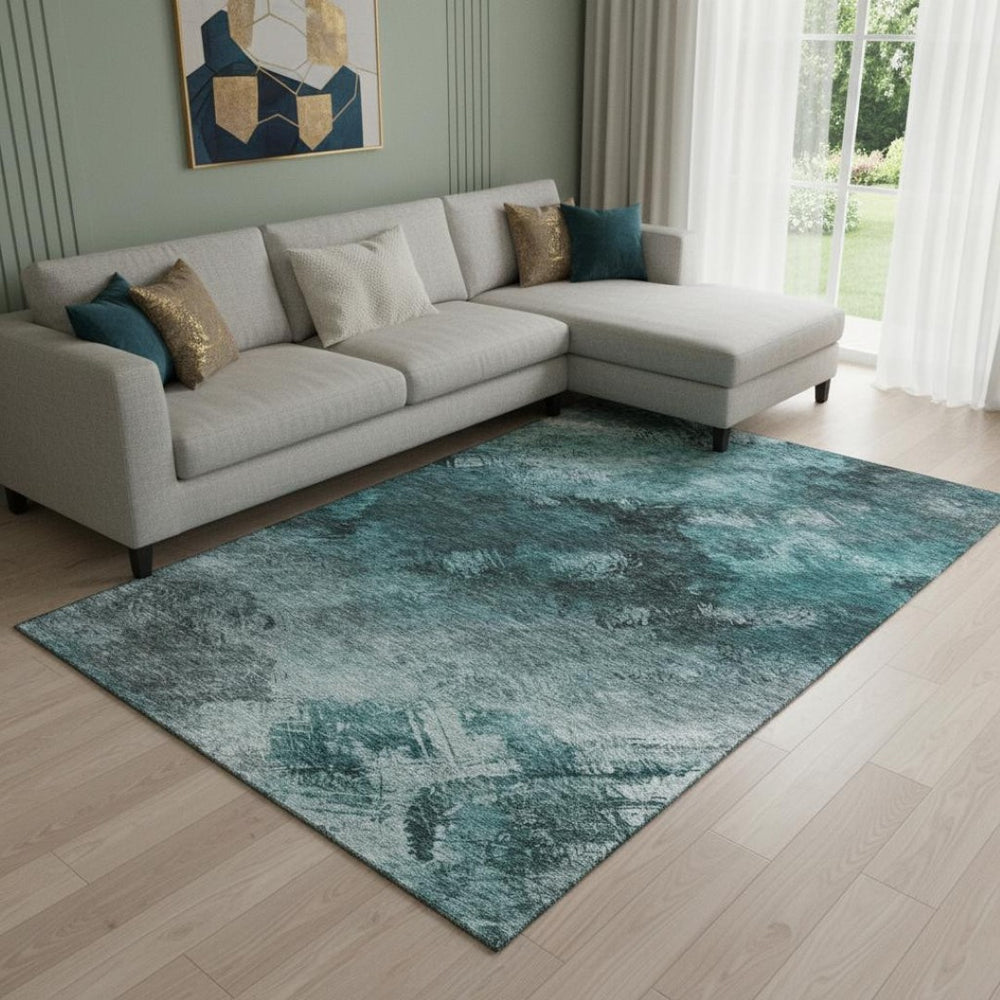 HomeRoots 8' X 10' Teal Ivory Gray Abstract Washable Area Rug - Stylish UV Protected for High-Traffic Homes 650534