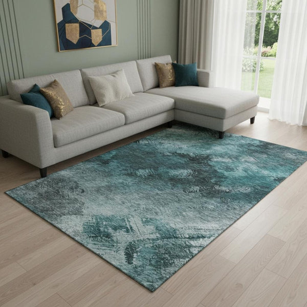 HomeRoots 8' X 10' Teal Ivory Gray Abstract Washable Area Rug - Stylish UV Protected for High-Traffic Homes 650534