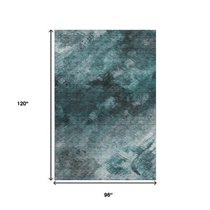 HomeRoots 8' X 10' Teal Ivory Gray Abstract Washable Area Rug - Stylish UV Protected for High-Traffic Homes 650534