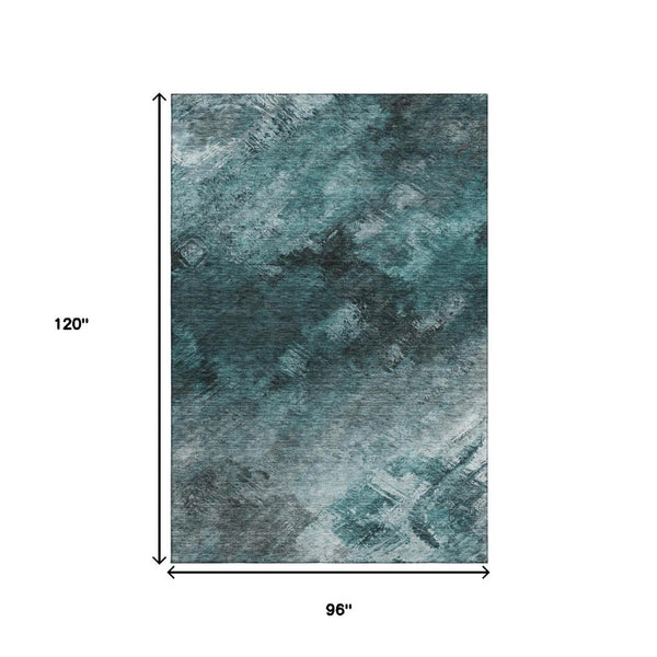 HomeRoots 8' X 10' Teal Ivory Gray Abstract Washable Area Rug - Stylish UV Protected for High-Traffic Homes 650534