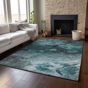 HomeRoots 9' X 12' Teal Ivory Gray Abstract Area Rug – Washable, UV-Protected, Stain-Resistant for Homes 650535