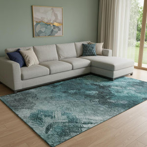 HomeRoots 9' X 12' Teal Ivory Gray Abstract Area Rug – Washable, UV-Protected, Stain-Resistant for Homes 650535