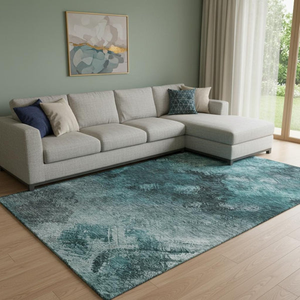 HomeRoots 9' X 12' Teal Ivory Gray Abstract Area Rug – Washable, UV-Protected, Stain-Resistant for Homes 650535