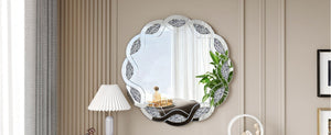 English Elm Silver Wave Frame Round Wall Mirror with Diamond Beveled Facets for Glam Home Decor W1445P370440