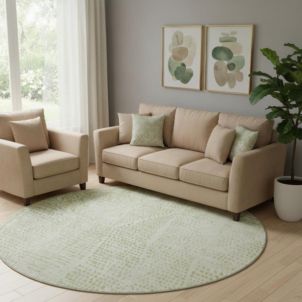 HomeRoots 8' Artichoke Green & Ivory Diamond Washable Round Rug - Durable, Stain-Resistant, UV Protected Style! 650545