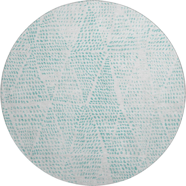 HomeRoots 8' Aqua & Ivory Diamond Washable Round Rug - UV Protected, Stain-Resistant, Durable Design for Home 650551