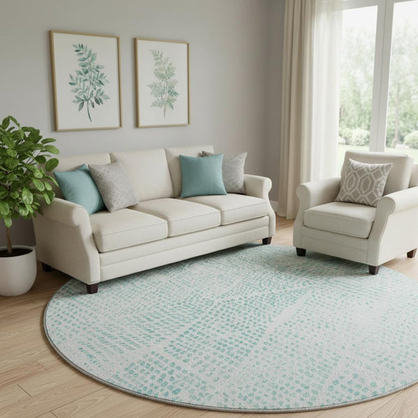 HomeRoots 8' Aqua & Ivory Diamond Washable Round Rug - UV Protected, Stain-Resistant, Durable Design for Home 650551