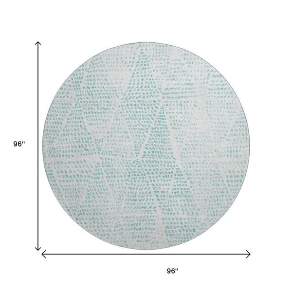 HomeRoots 8' Aqua & Ivory Diamond Washable Round Rug - UV Protected, Stain-Resistant, Durable Design for Home 650551