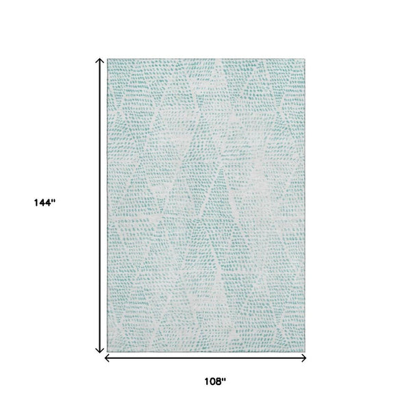 HomeRoots 9' X 12' Aqua and Ivory Diamond Area Rug - Washable, UV Protected, Durable for Busy Homes & Decor 650553