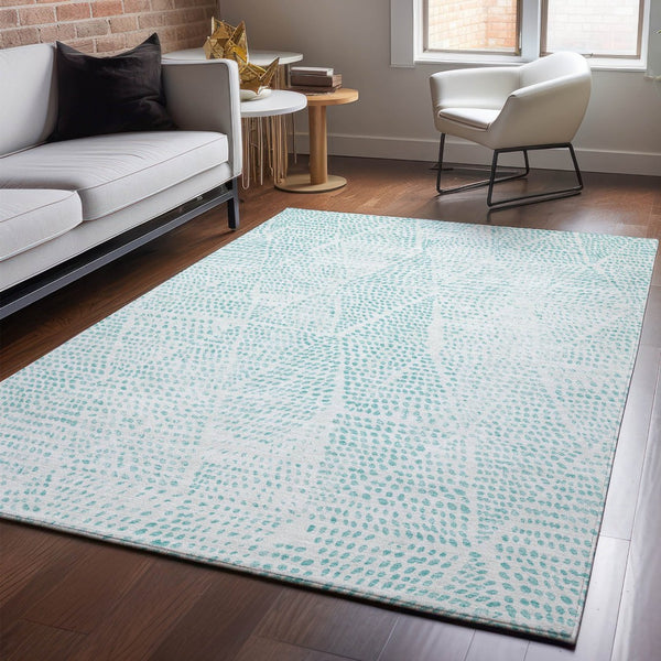 HomeRoots 9' X 12' Aqua and Ivory Diamond Area Rug - Washable, UV Protected, Durable for Busy Homes & Decor 650553