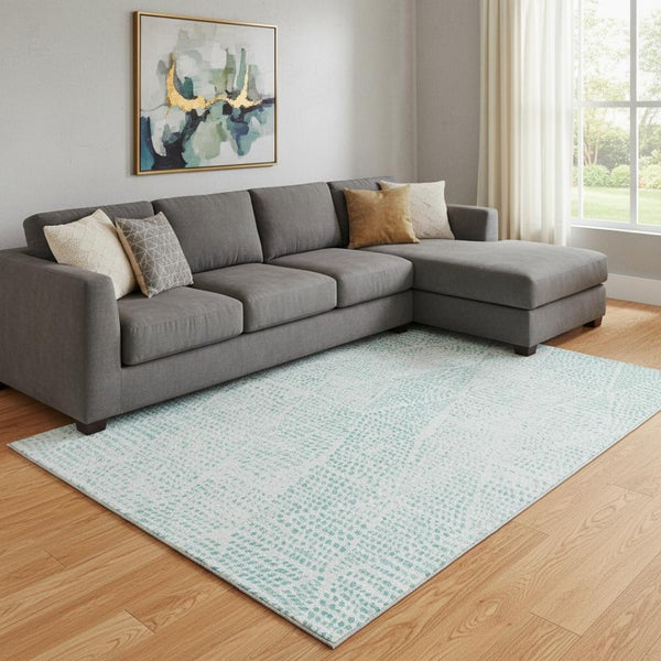 HomeRoots 9' X 12' Aqua and Ivory Diamond Area Rug - Washable, UV Protected, Durable for Busy Homes & Decor 650553