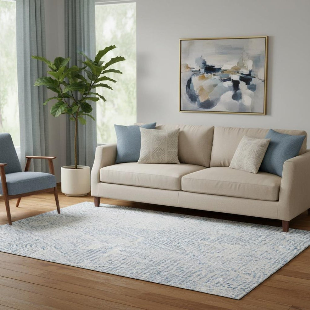 HomeRoots 5' X 8' Denim Blue & Ivory Diamond Area Rug - Washable, UV Protected, Stain Resistant & Stylish 650562