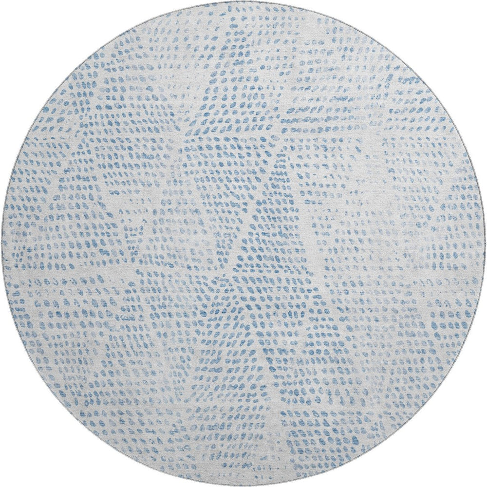 HomeRoots 8' Denim Blue & Ivory Diamond Washable Round Rug - UV Protection, Durable & Easy Care for Any Space 650563