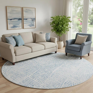 HomeRoots 8' Denim Blue & Ivory Diamond Washable Round Rug - UV Protection, Durable & Easy Care for Any Space 650563