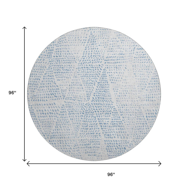 HomeRoots 8' Denim Blue & Ivory Diamond Washable Round Rug - UV Protection, Durable & Easy Care for Any Space 650563