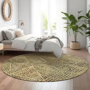 HomeRoots 8' Gold and Charcoal Diamond Washable Round Rug - Durable, UV-Protected for Indoor or Outdoor Use! 650569