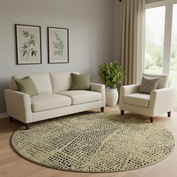 HomeRoots 8' Gold and Charcoal Diamond Washable Round Rug - Durable, UV-Protected for Indoor or Outdoor Use! 650569