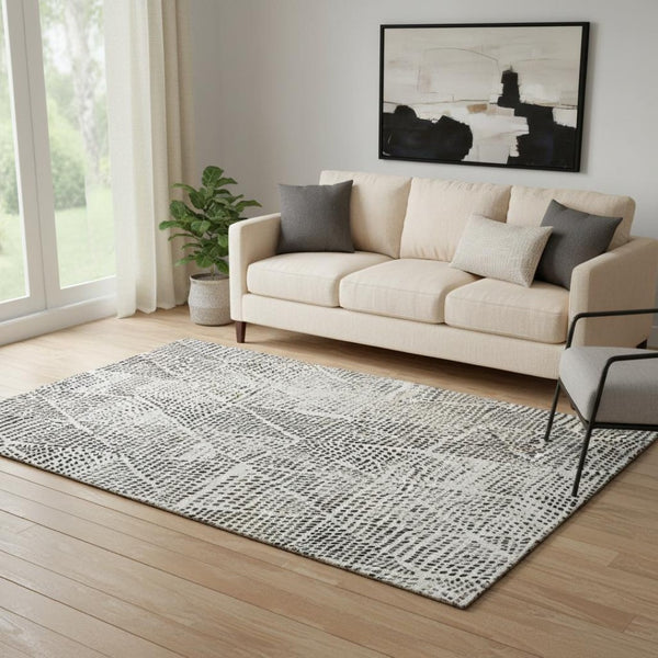 HomeRoots 5' X 8' Ivory & Charcoal Diamond Washable Area Rug – Durable, UV-Protected, Family-Friendly Style! 650580