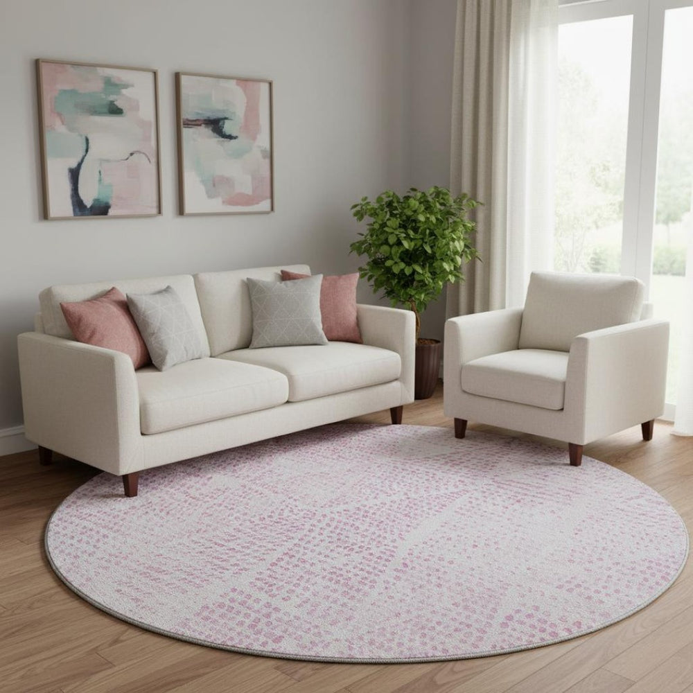 HomeRoots 8' Pink and Ivory Diamond Round Rug - Washable, UV Protected, Durable for High-Traffic Areas! 650587