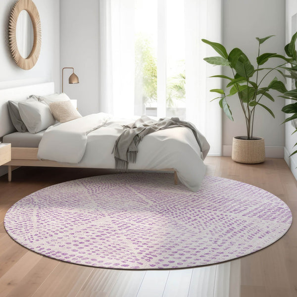 HomeRoots 8' Purple and Ivory Diamond Washable Round Rug – UV Protected, Stylish, and Perfect for Busy Homes! 650593