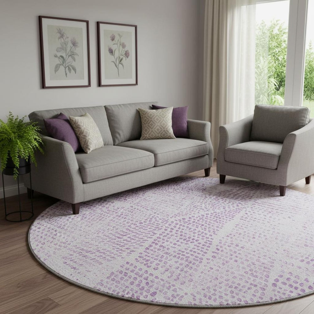 HomeRoots 8' Purple and Ivory Diamond Washable Round Rug – UV Protected, Stylish, and Perfect for Busy Homes! 650593