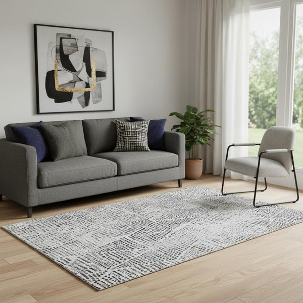 HomeRoots 5' X 8' Pewter and Ivory Diamond Area Rug - Washable, Stain-Resistant, UV Protected for Everyday Use 650598