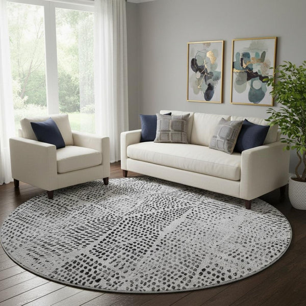 HomeRoots 8' Pewter and Ivory Diamond Washable Round Rug – Durable, Stylish, UV-Protected for High-Traffic Areas 650599