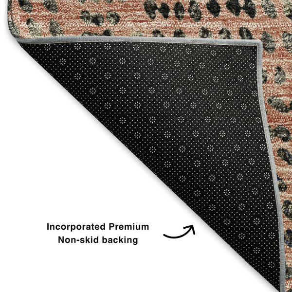 HomeRoots 8' Salmon and Charcoal Diamond Washable Round Rug - Durable, UV Protected, Perfect for High-Traffic Areas 650605