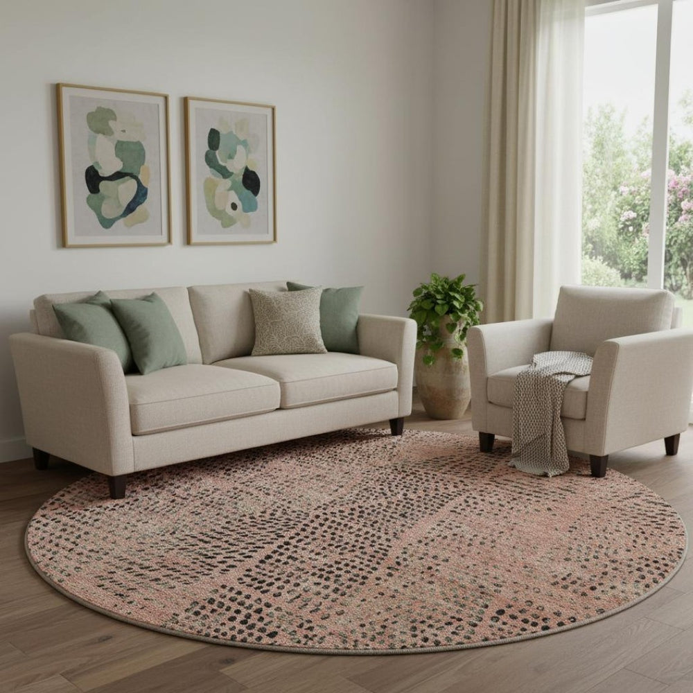 HomeRoots 8' Salmon and Charcoal Diamond Washable Round Rug - Durable, UV Protected, Perfect for High-Traffic Areas 650605
