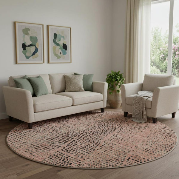 HomeRoots 8' Salmon and Charcoal Diamond Washable Round Rug - Durable, UV Protected, Perfect for High-Traffic Areas 650605