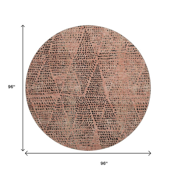 HomeRoots 8' Salmon and Charcoal Diamond Washable Round Rug - Durable, UV Protected, Perfect for High-Traffic Areas 650605