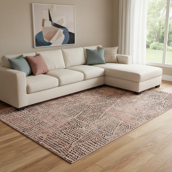 HomeRoots 9' X 12' Salmon & Charcoal Diamond Area Rug - Washable, UV-Protected, Stylish & Stain Resistant! 650607