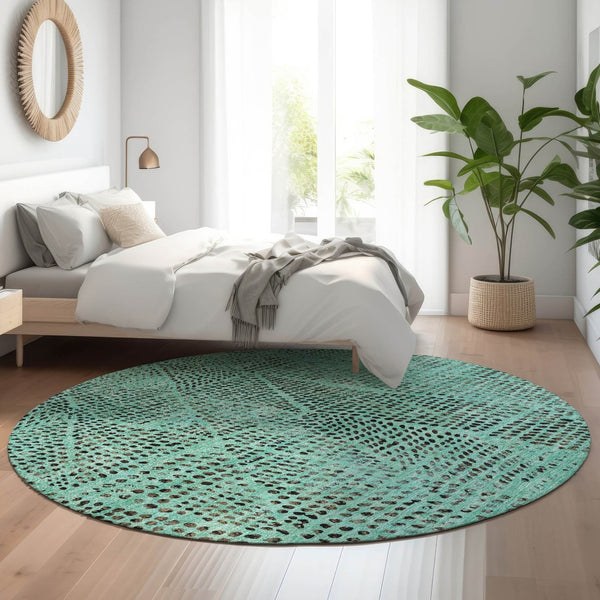 HomeRoots 8' Teal and Charcoal Diamond Pattern Washable Round Rug – Durable, Stain-Resistant & UV Protected! 650617
