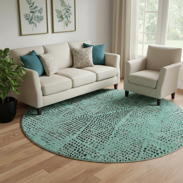 HomeRoots 8' Teal and Charcoal Diamond Pattern Washable Round Rug – Durable, Stain-Resistant & UV Protected! 650617