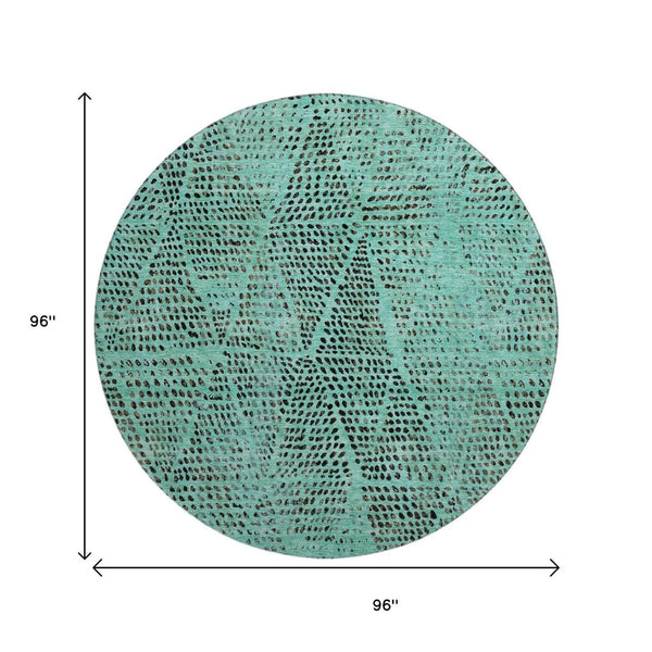HomeRoots 8' Teal and Charcoal Diamond Pattern Washable Round Rug – Durable, Stain-Resistant & UV Protected! 650617