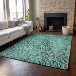 HomeRoots 8' X 10' Teal and Charcoal Diamond Area Rug – Washable, Stain Resistant & UV Protected for All Spaces 650618