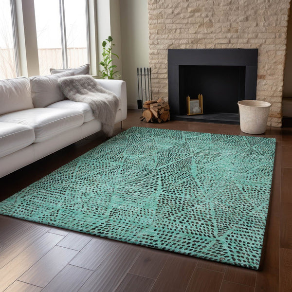 HomeRoots 8' X 10' Teal and Charcoal Diamond Area Rug – Washable, Stain Resistant & UV Protected for All Spaces 650618
