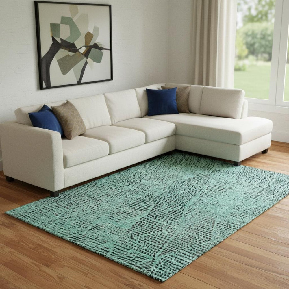 HomeRoots 8' X 10' Teal and Charcoal Diamond Area Rug – Washable, Stain Resistant & UV Protected for All Spaces 650618
