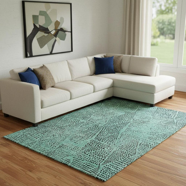 HomeRoots 8' X 10' Teal and Charcoal Diamond Area Rug – Washable, Stain Resistant & UV Protected for All Spaces 650618