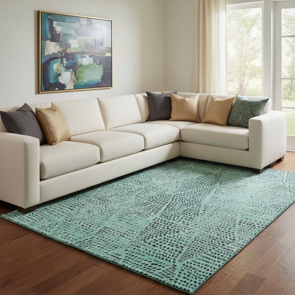HomeRoots 9' X 12' Teal & Charcoal Diamond Washable Area Rug - Stain Resistant, UV Protected, Easy Care! 650619